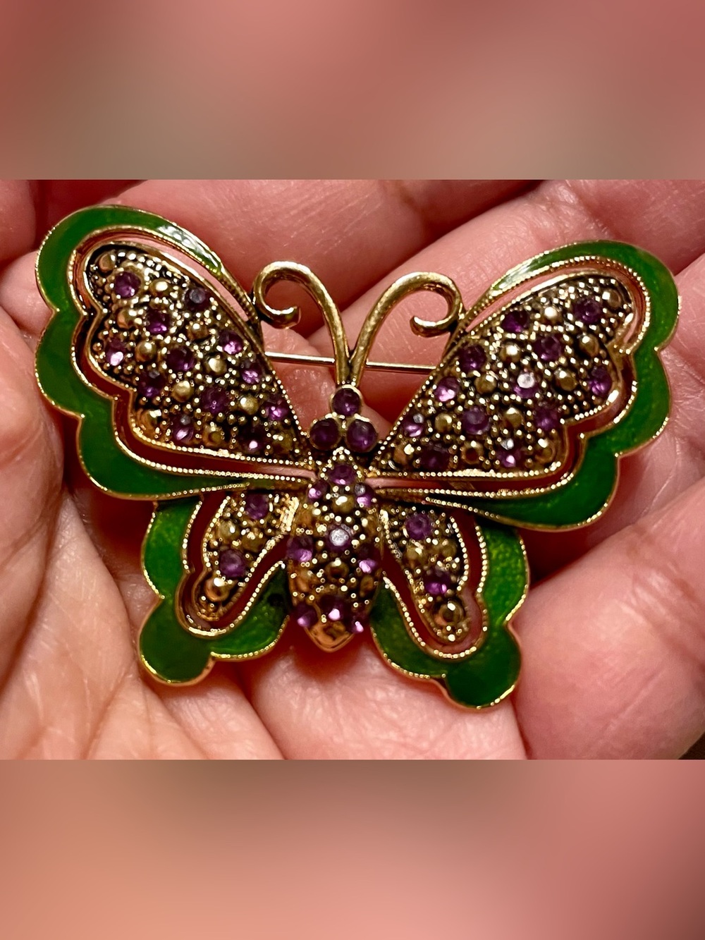 Gold-Tone Green & Purple Butterfly Brooch with Crystal Accents